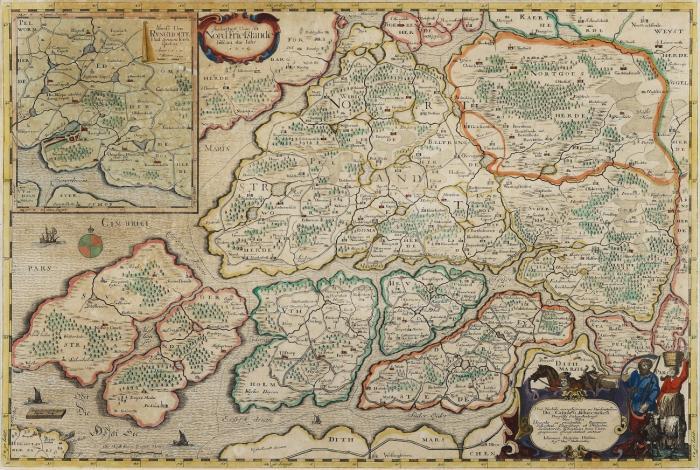 Schleswig-Holstein. Nordfriesland. - Nordertheil vom Alt Nordt Frießlande biß an das Jahr 1240 ... / Sundertheil vom Alt Nord Frießlande ... mit Rollwerkkartuschen, allegorischen Figuren und Insetkarte von Rungholt und dessen Kirchspielen.