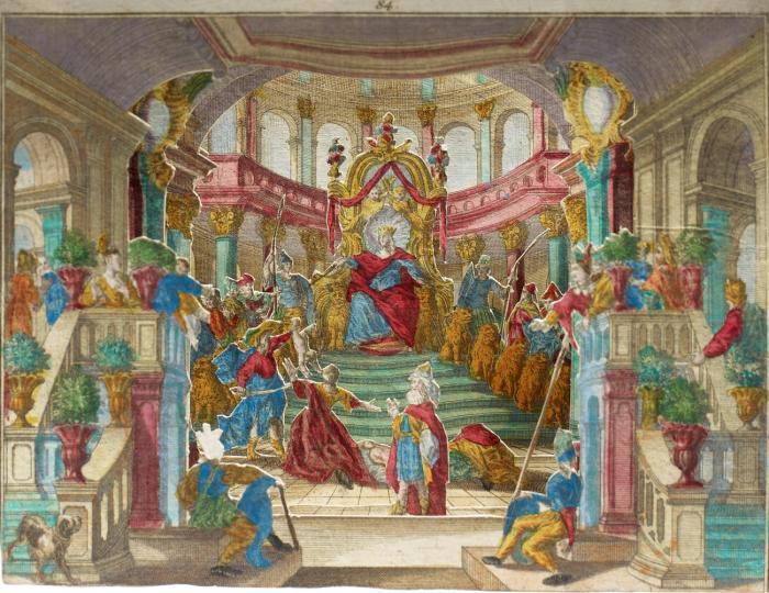 Diorama. - Salomos Urteil. Praesentation des Gerichts Salomonis .
Folge von 5 Blatt + Proszenium (fünffach gestaffeltes Diorama).