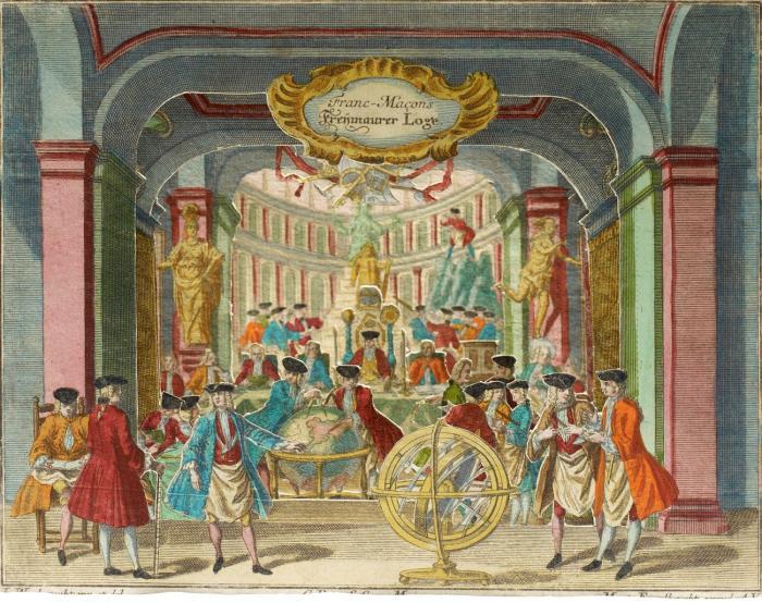 Diorama. - Freimaurerloge. Praesentation einer Freymaürer Loge. Franc-Macons. Freymaurer Loge.
Folge von 5 Blatt + Proszenium (fünffach gestaffeltes Diorama).