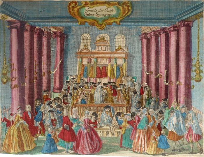 Diorama. – Synagoge. Praesentation einer Juden Synagog. Temple des Juifs. Juden-Synagoge.
Komplette Folge von 6 Blatt (fünffach gestaffeltes Diorama inkl. Proszenium, mit 2 Hintergründen).