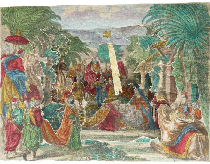 Diorama. - Hl. Drei Könige. Praesentation der Heil. 3 Könige.
Folge von 6 Blatt + Proszenium (fünffach gestaffeltes Diorama mit 2 Hintergründen).