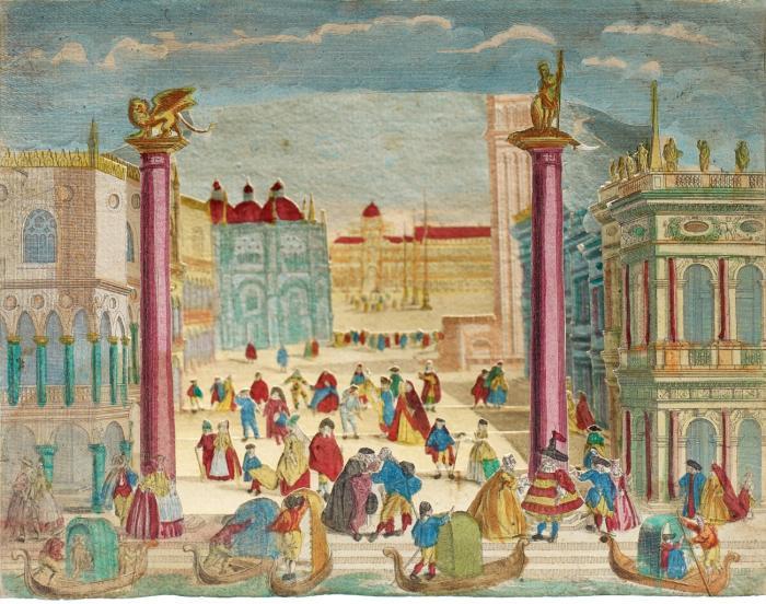 Diorama. - Venedig. Praesentation des Marcus Platzes zu Venedig.
Folge von 6 Blatt (Sechsfach gestaffeltes Diorama, ohne Proszenium).