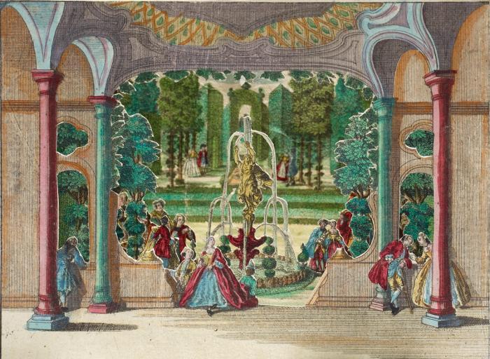 Diorama. - Gartenkonzert. Praesentation eines Collegii Musici in einem Garten.
Folge von 6 Blatt + Proszenium (Sechsfach gestaffeltes Diorama).