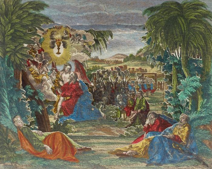 Diorama. - Christus im Garten Gethsemane. Praesentation des Leydens=Kampfs Christi am Oelberg.
Folge von 6 Blatt + Proszenium (sechsfach gestaffeltes Diorama)
