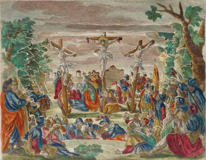Diorama. - Kreuzigung Christi. Praesentation der Creutzigung Christi.
Folge von 6 Blatt + Proszenium (sechsfach gestaffeltes Diorama).