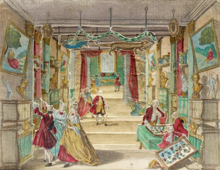 Diorama. - Kunstkabinett. Praesentation eines schönen Kunst=Cabinets.
Folge von 6 Blatt + Proszenium (Sechsfach gestaffeltes Diorama).
