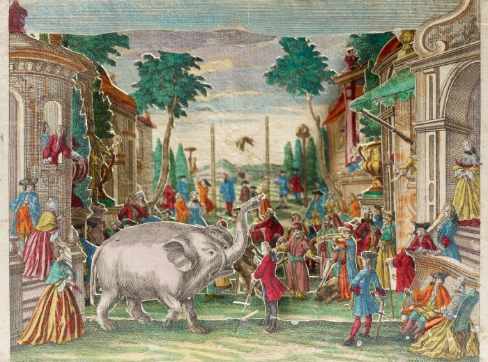 Diorama. - Zirkus. Tierdressuren - Zirkus.
Folge von 6 Blatt (Sechsfach gestaffeltes Diorama, ohne Proszenium).