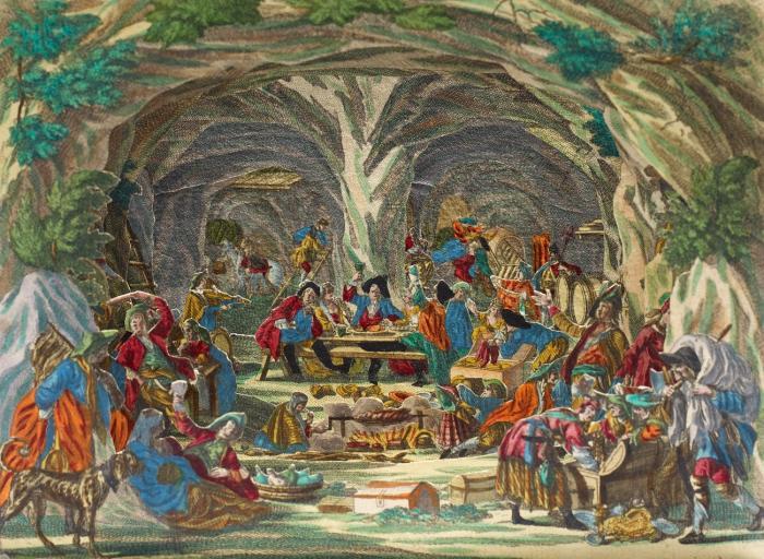 Diorama. - Räuberhöhle. Praesentation einer Strassen=Rauber Höle.
Folge von 6 Blatt + Proszenium (Sechsfach gestaffeltes Diorama).