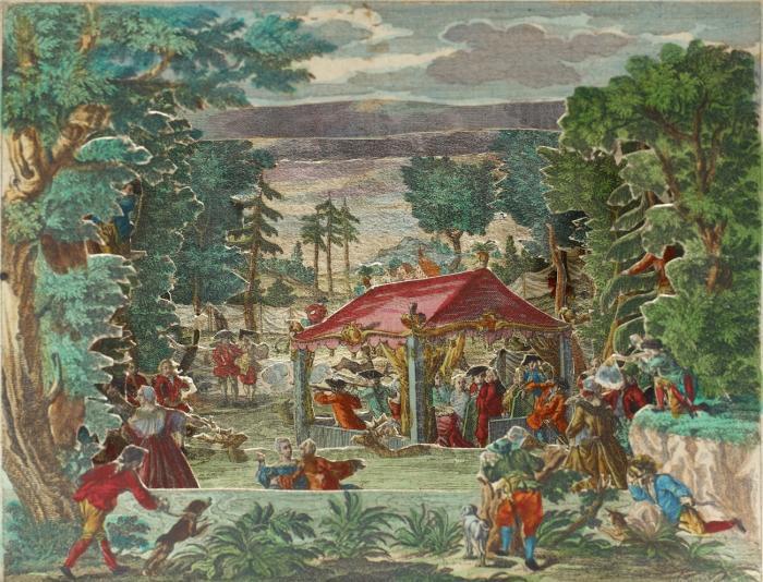 Diorama. - Hirschjagd. Praesentation einer Fürstlichen Wasser=Jagd mit Reh und Hirschen.
Folge von 6 Blatt + Proszenium (Sechsfach gestaffeltes Diorama).