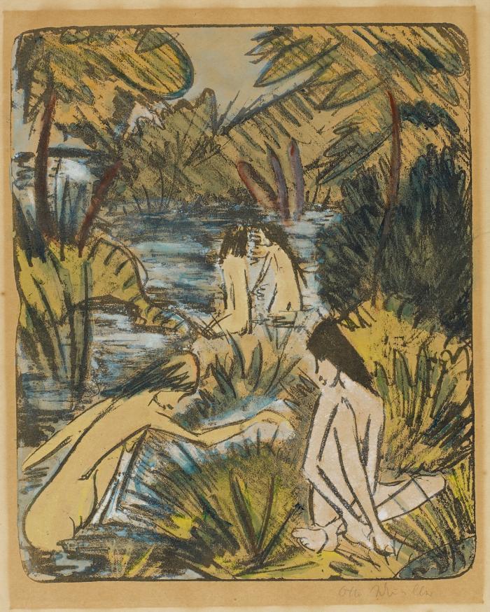 WALDSEE MIT DREI BADENDEN UND EINEM SITZENDEN MÄDCHEN