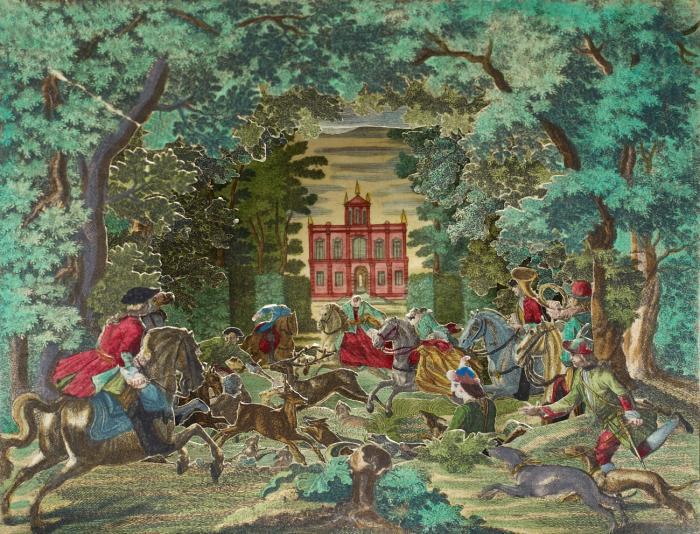 Diorama. - Hirschjagd (Hofjagd).
Folge von 6 Blatt (sechsfach gestaffeltes Diorama, ohne Proszenium).