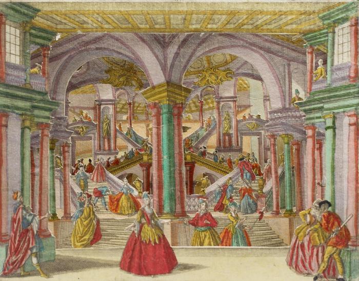 Diorama. - Treppenhaus. Praesentation einer prächtigen Stiegen.
Folge von 6 Blatt + Proszenium (sechsfach gestaffeltes Diorama).