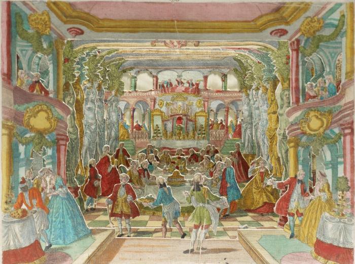 3 Dioramen. - Festbankett. Praesentation einer vonehmen Assemblée in einem schönen Saal / Tanz-Saal. Praesentation eines schönen Saales / Schlittenfahrt. Presentation einer Masquirten Adelichen Schlittenfahrt bei Nacht.