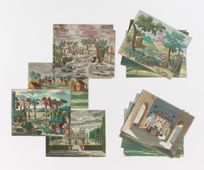 Diorama.- Hintergründe. Konvolut von 12 Blatt Hintergründen (11) und Durchblick (1).
Dabei Landschaften, Dorf, Ruinen, Garten- u. Parkanlagen, Stadt, Schlittschuhläufer, Schloss.