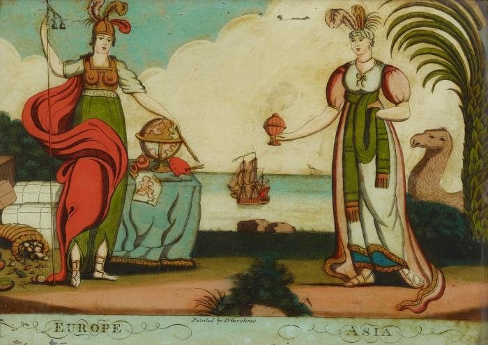 Erdteile. -   Europe  Asia . Personifikationen von Europa und Asien stehend an Meeresküste mit Segelschrif, Dromedar u.a.