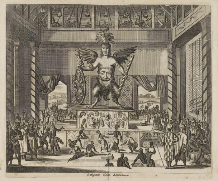 Huitzilopochtli/ Vitzliputzli. - Viztlipuztli idolum Mexicanorum, Anbetung der auf einem Altar stehenden aztekischen Gottheit.