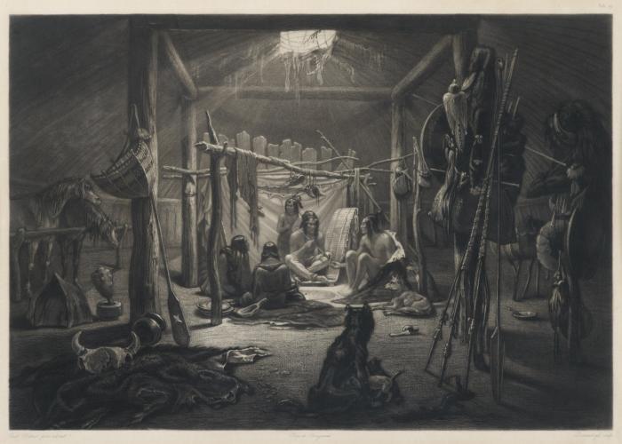 Indianer.- Karl Bodmer. Das Innere der Hütte eines Mandan Häuptlings. Interieure de la Cabane d'un Chef Mandan. The Interior of the hut of a Mandan Chief.