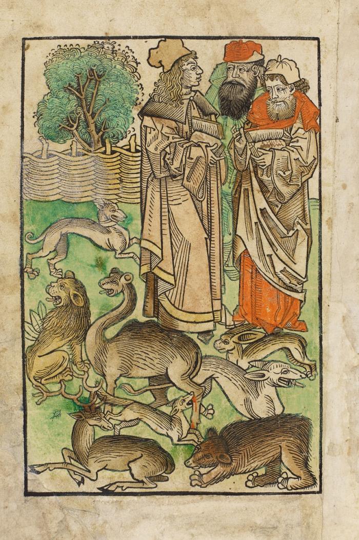 Inkunabelholzschnitt aus Hortus sanitatis, Mainz bei Jac. Meydenbach 1491.  3 disputierende Gelehrte stehend in Gehege mit verschiedenen Tieren.