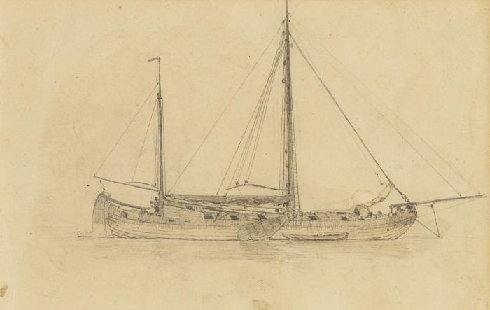 Schiffe. – Segelschiff. Zweimaster mit Fischfangnetzen und Beiboot (Rückseitig drei Trachtenstudien), 2. Hälfte 19. Jh.