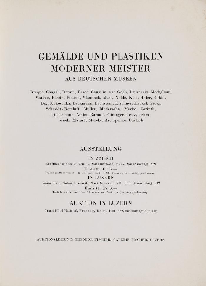 Gemälde und Plastiken moderner Meister aus deutschen Museen. Auktion in Luzern am 30. Juni 1939.