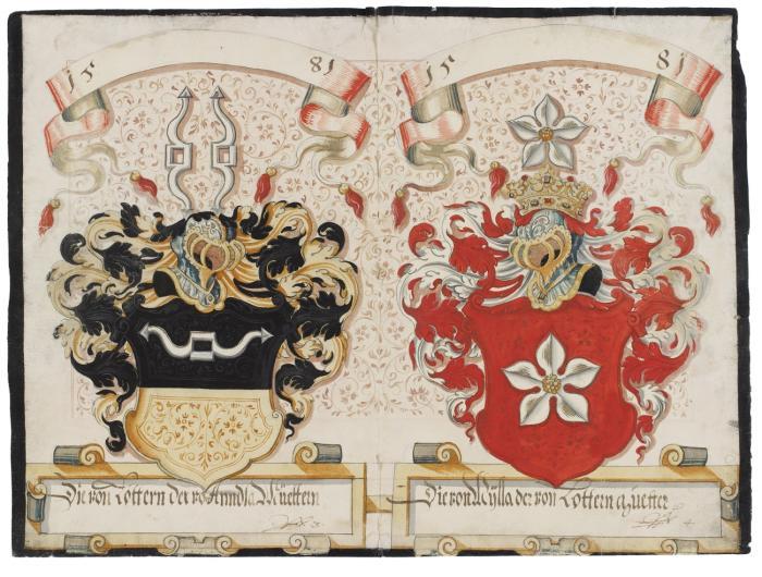 Wappenkunde. - 2 Blatt mit 4 Wappendarstellungen von Lottern und von Hüttersdorf, jeweils bezeichnet 1581