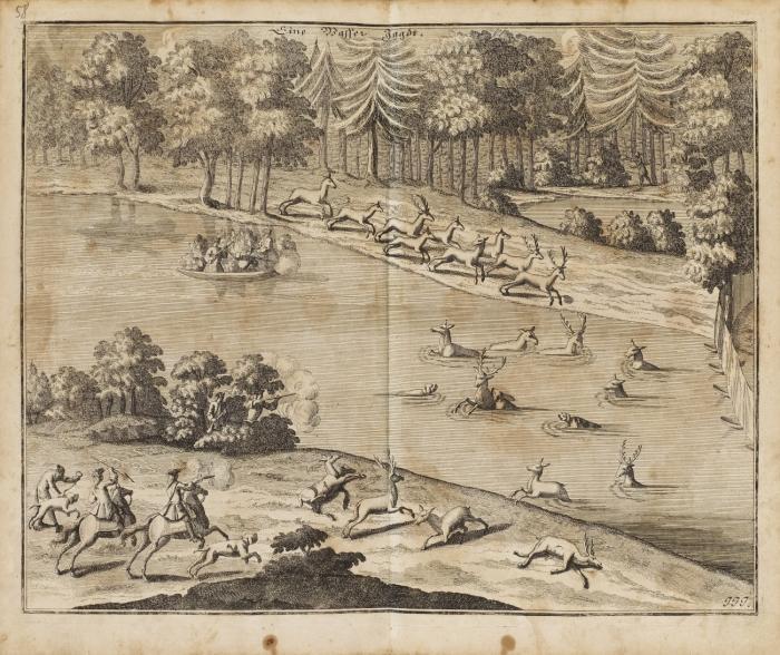 Der vollkommene Teutsche Jäger,darinnen die Erde, Gebürge, Kräuter und Bäume, Wälder, Eigenschaft der wilden Thiere und Vögel, so wohl Historice, als Physice, und Anatomice vorgestellet, colligiret und beschrieben. Leipzig: Martini 1719-24. Bd.I (von 2).