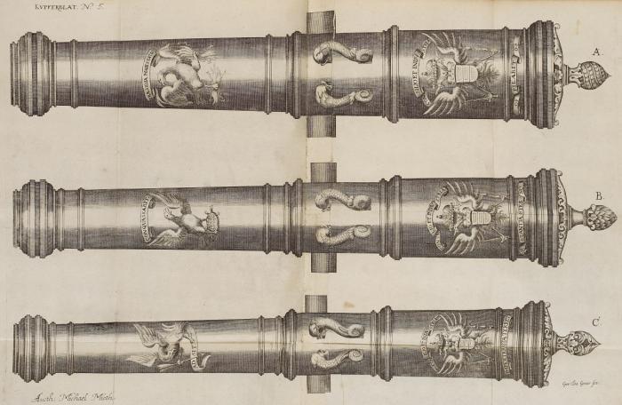 Neuere curiöse Geschütz Beschreibung Worinnen nicht allein ausführlich gehandelt wird von unterschiedlichen Manieren und Gestallten derer Gieß-Oefen ... ingleichen Beschreibung, wie und auf was Arth man aus Stücken, Haupitzen und Feuer-Mörsern, glühend- und andere Kugeln, Granaten, Kartätzschen, Feuer-Brände, Kleb-Kugeln und Steine ... schiessen und werfen soll ...(Neue Aufl.). 4 Tle. in 1 Bd