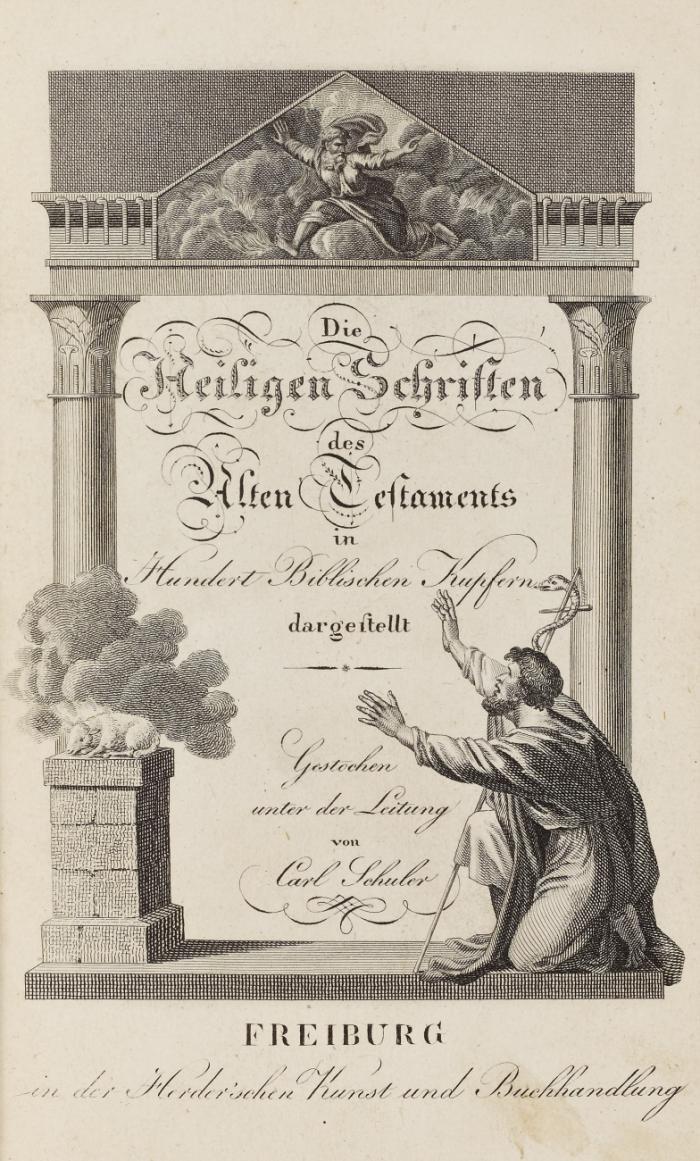 Biblische Erzählungen des alten und neuen Testaments. (Kupfertitel: Die Heiligen Schriften des Alten/Neuen Testaments in Hundert Biblischen Kupfern dargestellt).  2 Text- und 2 Tafelbde. in 4 Bdn.