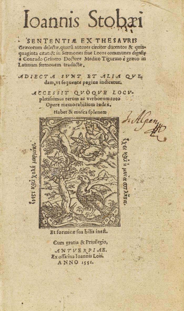 Sententiae ex thesauris Graecorum delectae, quaru autores circiter ducentos & quinquaginta citat: & in Sermones siue Locos communes digeste à Conrado Gesnero Doctore Medico Tigurino è graeco in Latinum sermonem traductae. Adiecta sunt ... opere memorabilium index.