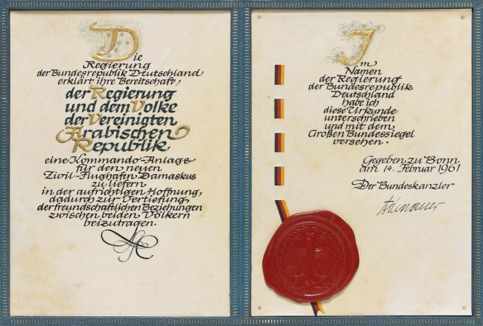 Bundesrepublik Deutschland. - 2 handgeschriebene Urkunden der Bundesregierung für die Republik Syrien, mit e. U. von Kanzler Konrad Adenauer, Bonn, 14.II.1961, bzw. Kanzler Ludwig Erhard, Bonn, 26.X.1964.