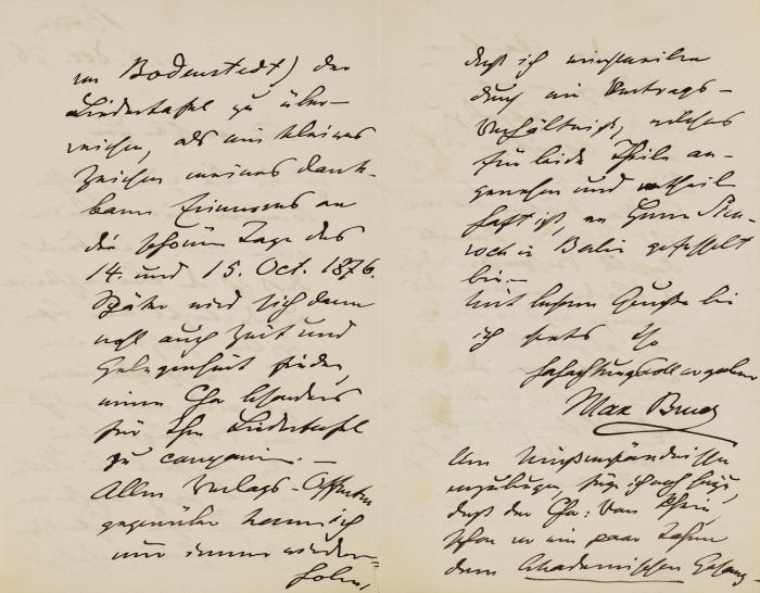 E. Brief m. U.; Bonn, 15.XII.1876.
Dazu: Photoporträt von Max Bruch m. e. U. Albuminabzug, 13,5 x 9,5 cm.