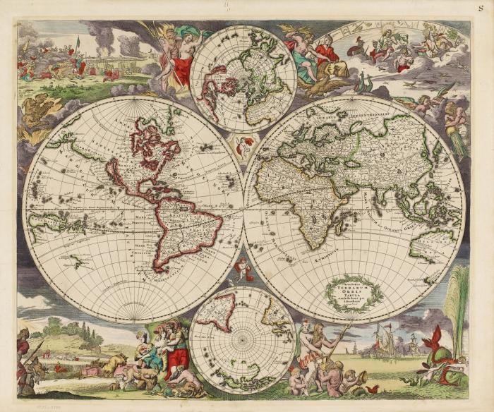 Weltkarte. – Nova Totius Terrarum Orbis Tabula, in zwei Hemisphaeren und mit zwei Polkarten; in den Ecken die Götterpaare Zeus/Hera, Hades/Persephone, Poseidon/Amphitrite und Flora/Demeter in allegorischen Landschaften, die vier Elemente darstellend.