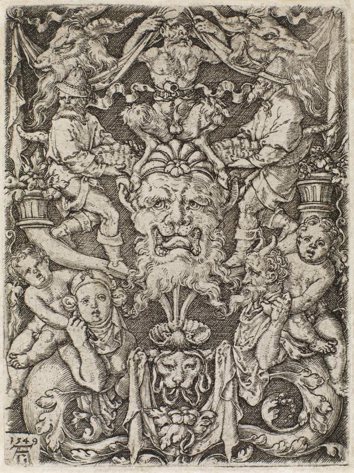 Ornament mit Maske, einem Paar Tritonen und zwei Kindern.