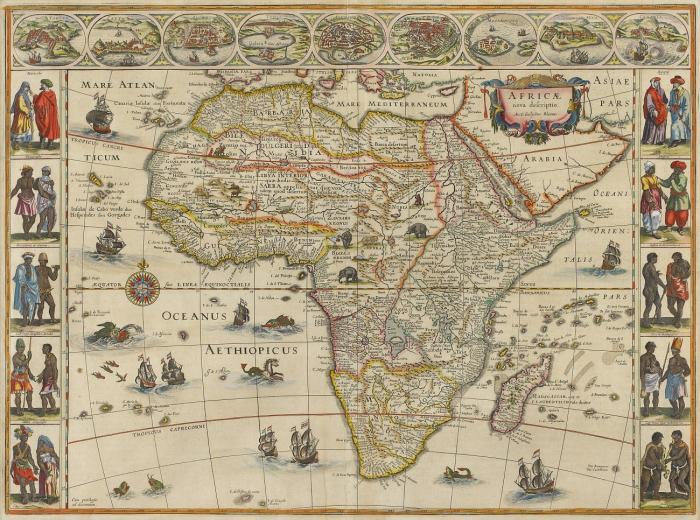 Afrika. Africae nova descriptio, der gesamte Kontinent mit Windrose und reicher Schiffsstaffage; in der oberen Randleiste neun Stadtansichten aus der Vogelschau, in zehn Randfeldern Figurenpaare in landesüblicher Kleidung.