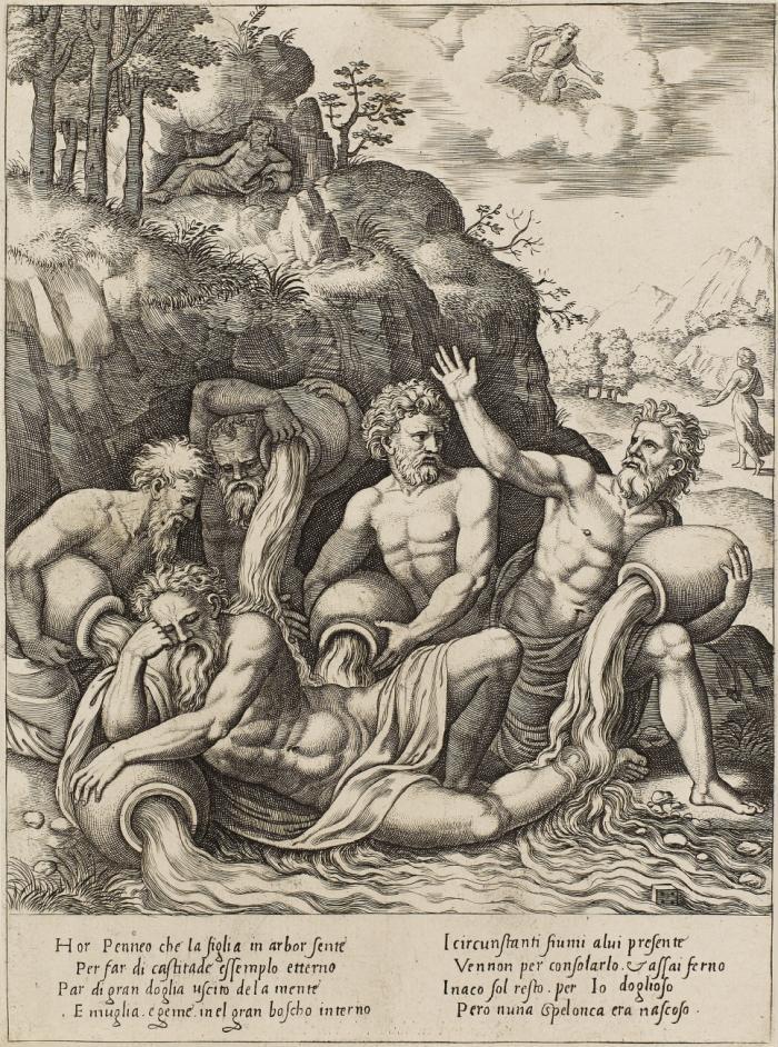Die Flussgötter trösten Penneus, den Vater Daphnes.