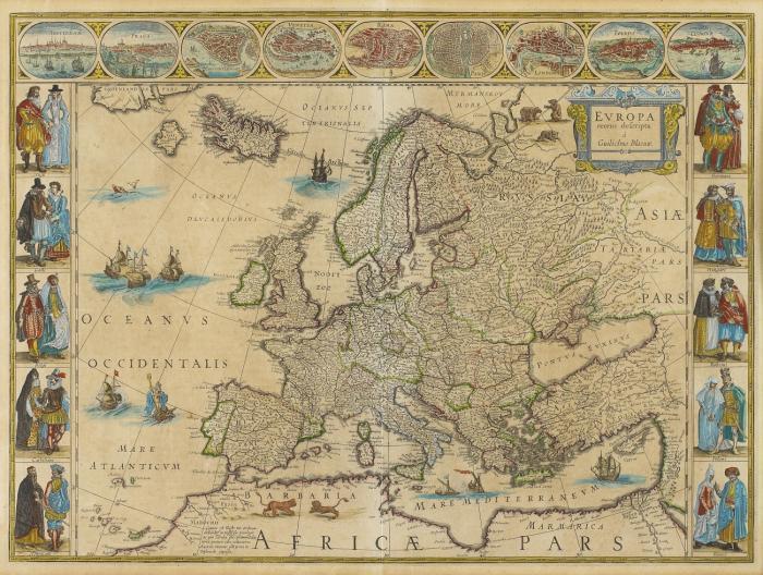 Europa. Kolorierte Kupferstichkarte von W. Blaeuw.