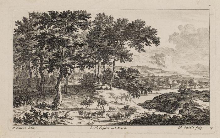 Landschaft mit Reiter, Esel und Schafherde.