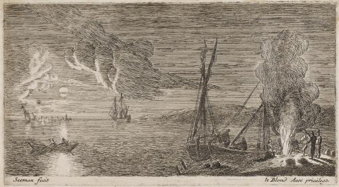 Nachtszene mit Seeleuten an einem Feuer stehend.