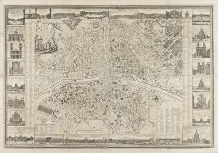 Paris. – Nouveau Plan Routier De la Ville et Faubourgs de Paris Avec ses Principaux Edifices ... 1784, großer Stadtplan mit 28 umlaufenden Ansichten von  Gebäuden der Stadt.