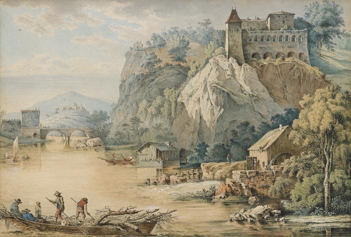 Flusslandschaft mit Schloss und Steinbrücke.