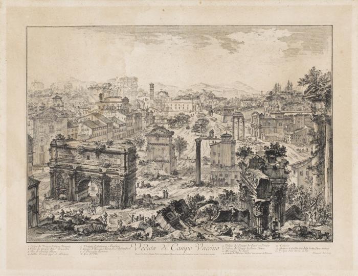 Veduta Di Campo Vaccino (Forum Romanum vom Kapitol Aus, mit dem Septimius-Severus-Bogen im Vordergrund)