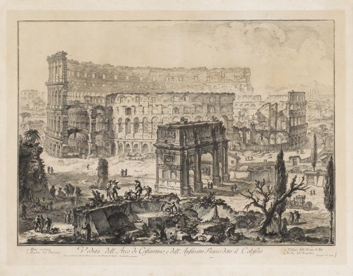 Veduta dell'Arco di Costantino, e dell'Anfiteatro Flavio detto il Colosseo.