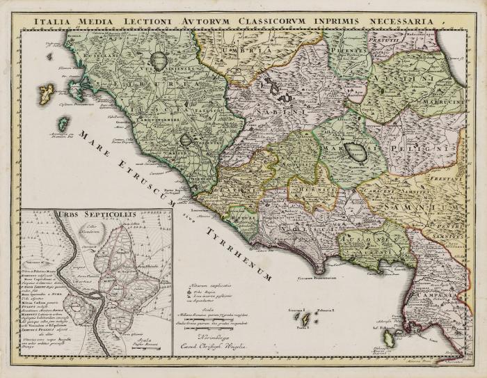Italien. -  Italia Media Lectioni autorum classicorum inprimis necessaria, Mittelitalien mit Insetkarte Roms.