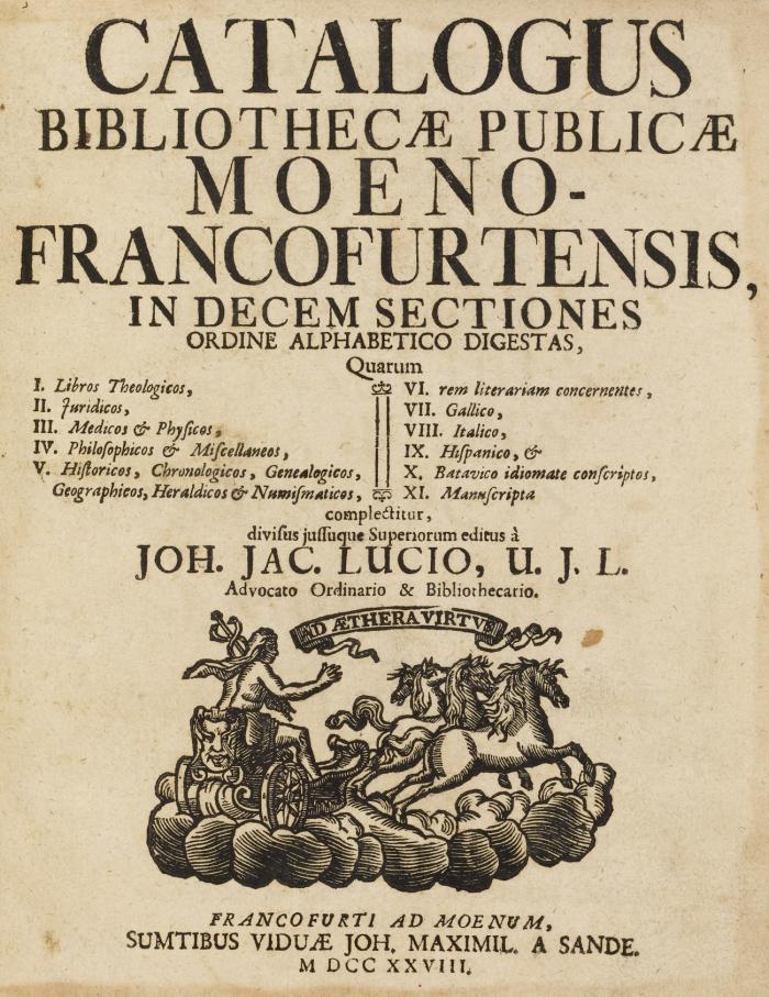 Catalogus Bibliothecæ Publicæ Moeno-Francofurtensis, In Decem Sectiones Ordine Alphabetico Digestas ... 4 Tle. in 1 Bd.