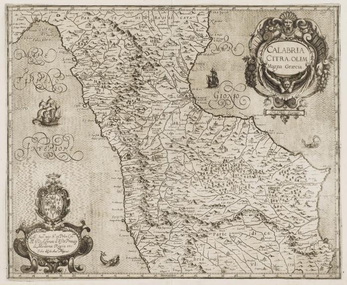 Kalabrien. - Calabria citra, olim Magna Graecia, nördlicher Teil Kalabriens mit Schiffsstaffage und 2 Kartuschen.