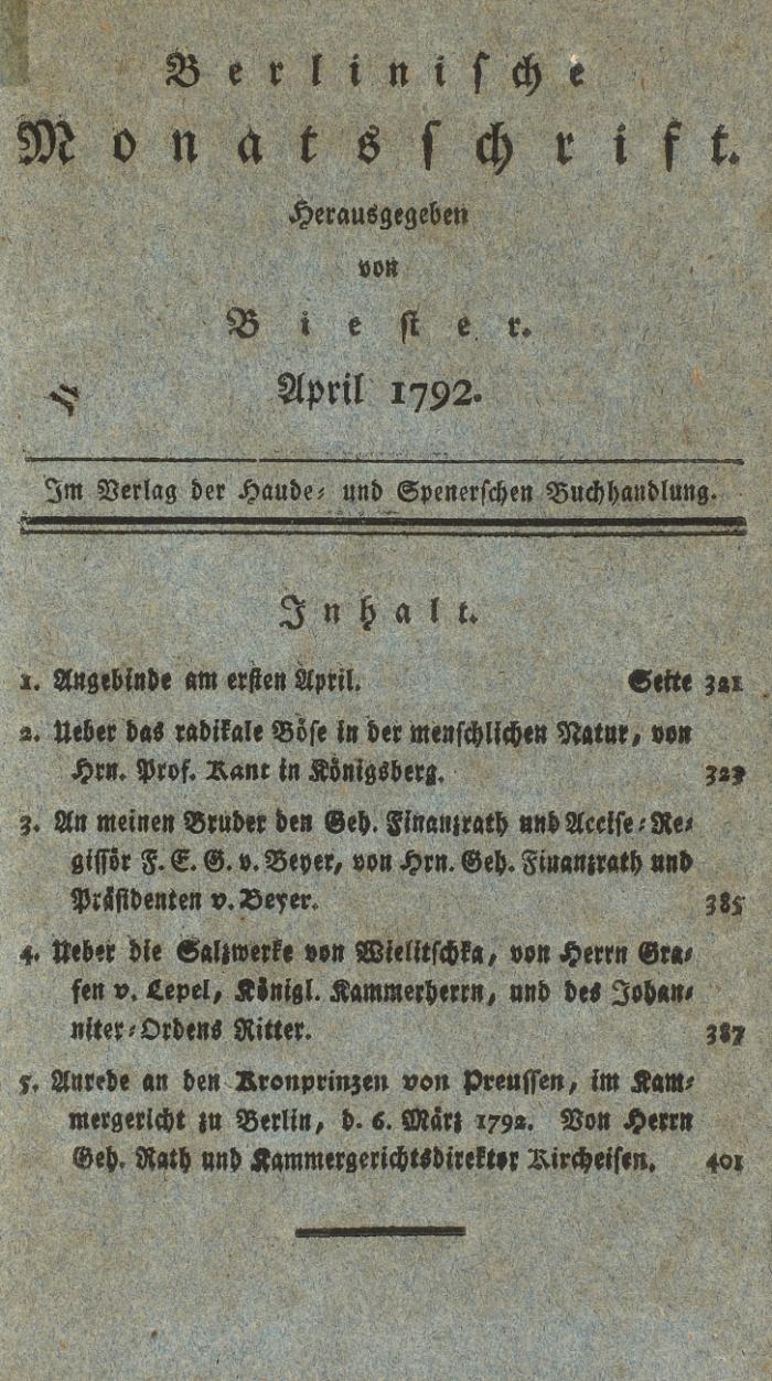 Ueber das radikale Böse in der menschlichen Natur. In: Berlinische Monatsschrift. Hrsg. von Biester. April 1792.