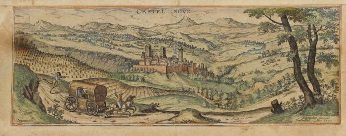 Italien. - Castelnuovo di Porto. - Castel Nuovo, Gesamtansicht mit Burg, im Vordergrund eine Kutsche auf der Strada per Roma.