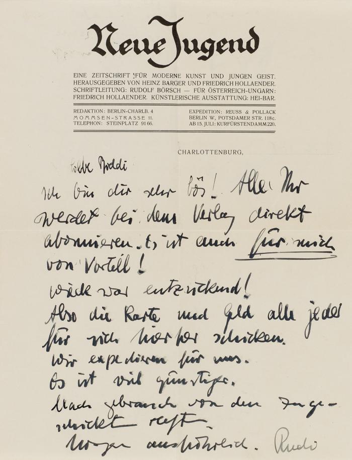 Neue Jugend. - 7 Dokumente aus der Redaktion: 2 e. Briefe m. U. von R. Börsch, 3 e. Briefe m. U. u. 1 maschinenschriftl. Brief m. e. U. von H. Barger; Berlin, o. Dat. [1915], 8.VI.1915, 2.VVII.1915, 29.VII.1915; Marburg, 19.II.1916; Berlin, 19.VIII.1916.