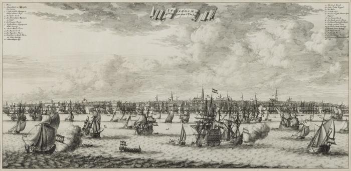 Amsterdam. - Amsterdam aan de Waterkant van't Y te Sien, Ansicht mit Legende und reicher Schiffsstaffage.