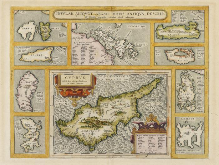 Zypern und Ägäischen Inseln. - Insular. Aliquot Aegaei Maris Antiqua Descrip, Zypern zentral, umgeben von den Inseln Chios, Rhodos, Ikaria, Rinia und Delos, Euböa, Samos, Keos, Lesbos und Limnos.